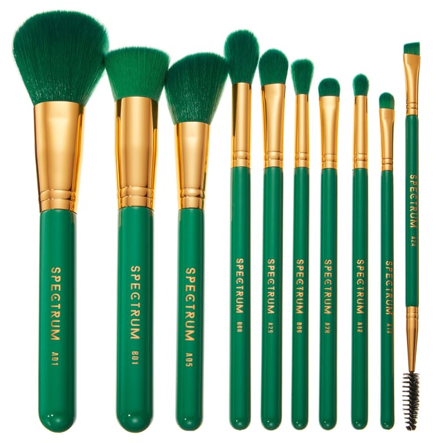 Elevate your makeup routine with the Spectrum 10 Piece Malachite Green Makeup Brush Set, designed for the modern woman. This stunning set features a rich emerald green finish with elegant gold accents, perfect for any beauty enthusiast. Each brush is crafted with silky-soft synthetic bristles that ensure smooth application and blending of products for a flawless look. With brushes for foundation, blush, contour, highlighter, eyes, and brows, you have everything you need to express your creativity. Experience the purifying energy of malachite while you create your perfect makeup masterpiece.