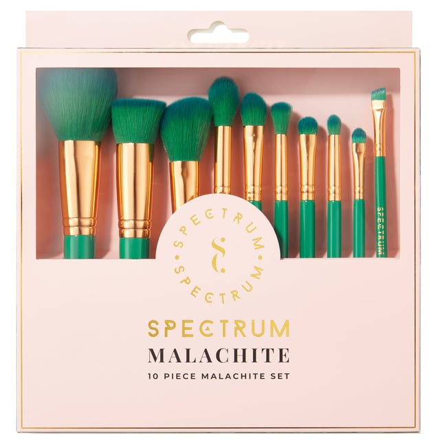 Elevate your makeup routine with the Spectrum 10 Piece Malachite Green Makeup Brush Set, designed for the modern woman. This stunning set features a rich emerald green finish with elegant gold accents, perfect for any beauty enthusiast. Each brush is crafted with silky-soft synthetic bristles that ensure smooth application and blending of products for a flawless look. With brushes for foundation, blush, contour, highlighter, eyes, and brows, you have everything you need to express your creativity. Experience the purifying energy of malachite while you create your perfect makeup masterpiece.