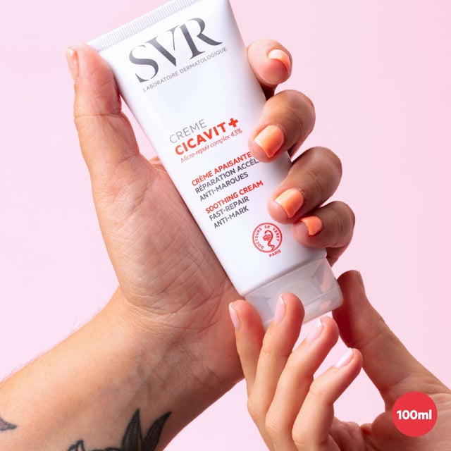 SVR Cicavit+ Skin Repair Accelerator Cream 100ml for Intense Skin Recovery Revitalize your skin with SVR Cicavit+ Skin Repair Accelerator Cream. This remarkable 100ml cream promotes skin repair up to 7 times faster, providing soothing relief while effectively reducing residual marks and scars from healing. Perfect for all skin types, it ensures your skin receives the best care for a quick and beautiful recovery. For optimal results, apply to clean, dry affected areas twice daily until fully healed. Trust SVR for your skin's health and embrace a smoother, more confident you.