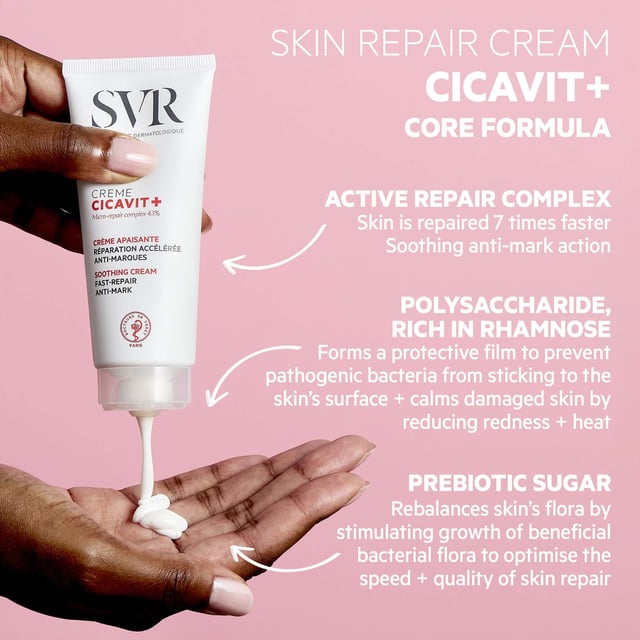 SVR Cicavit+ Skin Repair Accelerator Cream 100ml for Intense Skin Recovery Revitalize your skin with SVR Cicavit+ Skin Repair Accelerator Cream. This remarkable 100ml cream promotes skin repair up to 7 times faster, providing soothing relief while effectively reducing residual marks and scars from healing. Perfect for all skin types, it ensures your skin receives the best care for a quick and beautiful recovery. For optimal results, apply to clean, dry affected areas twice daily until fully healed. Trust SVR for your skin's health and embrace a smoother, more confident you.