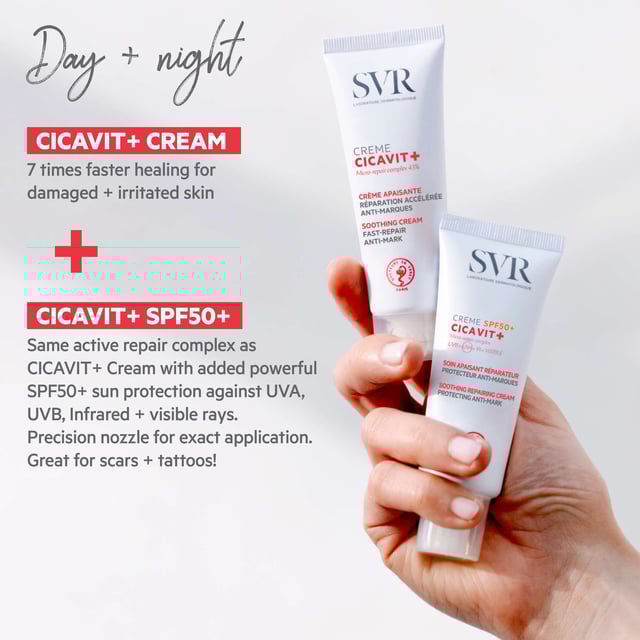 SVR Cicavit+ Skin Repair Accelerator Cream 100ml for Intense Skin Recovery Revitalize your skin with SVR Cicavit+ Skin Repair Accelerator Cream. This remarkable 100ml cream promotes skin repair up to 7 times faster, providing soothing relief while effectively reducing residual marks and scars from healing. Perfect for all skin types, it ensures your skin receives the best care for a quick and beautiful recovery. For optimal results, apply to clean, dry affected areas twice daily until fully healed. Trust SVR for your skin's health and embrace a smoother, more confident you.