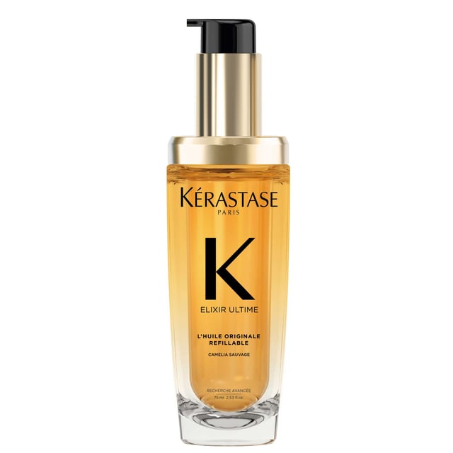 Discover the Kérastase Elixir Ultime, a luxurious refillable hair oil that transforms dull hair into radiant locks. This treatment suits all hair types, offering deep nourishment and softness. Made with wild camellia and Argan oils, it protects against heat up to 230°C, controls frizz, and enhances shine. Enjoy its delicate scent while using it as a pre-cleanse, heat protectant, finishing touch, or touch-up. Experience shinier hair instantly and embrace sustainable beauty with Kérastase's eco-friendly practices.