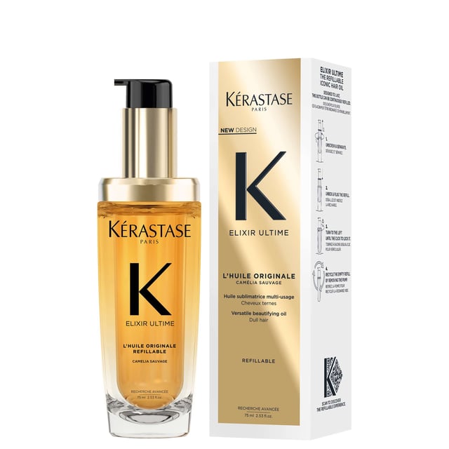 Discover the Kérastase Elixir Ultime, a luxurious refillable hair oil that transforms dull hair into radiant locks. This treatment suits all hair types, offering deep nourishment and softness. Made with wild camellia and Argan oils, it protects against heat up to 230°C, controls frizz, and enhances shine. Enjoy its delicate scent while using it as a pre-cleanse, heat protectant, finishing touch, or touch-up. Experience shinier hair instantly and embrace sustainable beauty with Kérastase's eco-friendly practices.