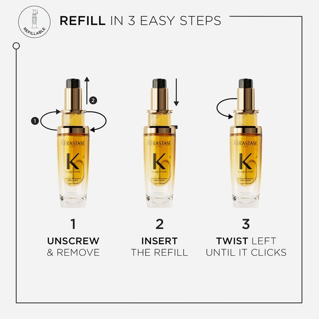 Discover the Kérastase Elixir Ultime, a luxurious refillable hair oil that transforms dull hair into radiant locks. This treatment suits all hair types, offering deep nourishment and softness. Made with wild camellia and Argan oils, it protects against heat up to 230°C, controls frizz, and enhances shine. Enjoy its delicate scent while using it as a pre-cleanse, heat protectant, finishing touch, or touch-up. Experience shinier hair instantly and embrace sustainable beauty with Kérastase's eco-friendly practices.