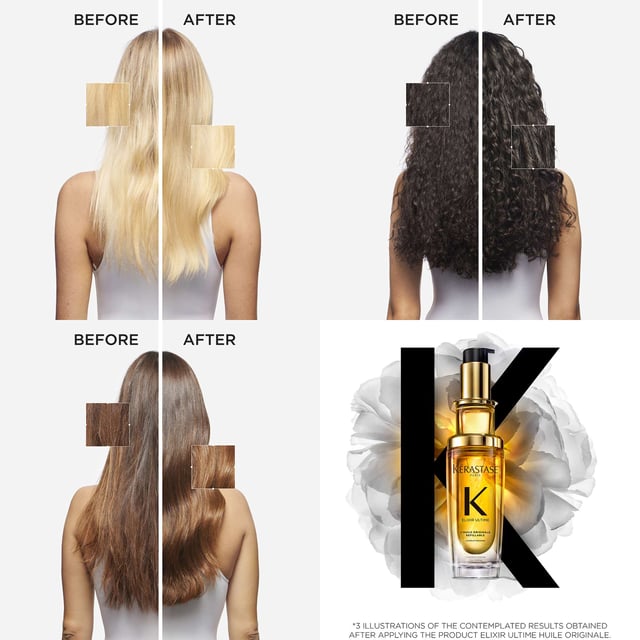 Discover the Kérastase Elixir Ultime, a luxurious refillable hair oil that transforms dull hair into radiant locks. This treatment suits all hair types, offering deep nourishment and softness. Made with wild camellia and Argan oils, it protects against heat up to 230°C, controls frizz, and enhances shine. Enjoy its delicate scent while using it as a pre-cleanse, heat protectant, finishing touch, or touch-up. Experience shinier hair instantly and embrace sustainable beauty with Kérastase's eco-friendly practices.
