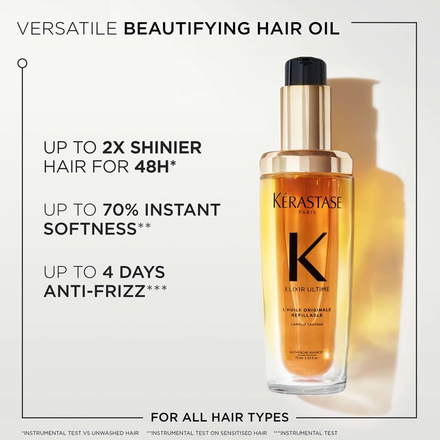Discover the Kérastase Elixir Ultime, a luxurious refillable hair oil that transforms dull hair into radiant locks. This treatment suits all hair types, offering deep nourishment and softness. Made with wild camellia and Argan oils, it protects against heat up to 230°C, controls frizz, and enhances shine. Enjoy its delicate scent while using it as a pre-cleanse, heat protectant, finishing touch, or touch-up. Experience shinier hair instantly and embrace sustainable beauty with Kérastase's eco-friendly practices.