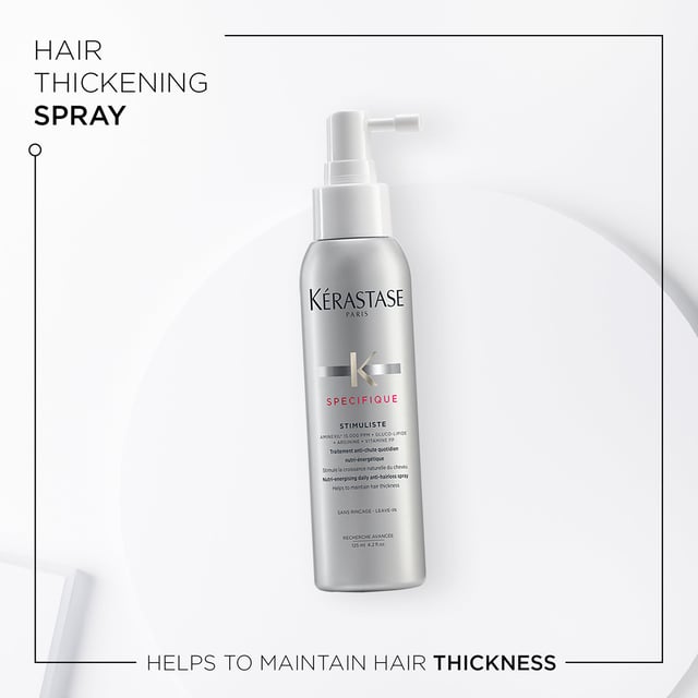 Revitalize your hair with Kérastase Specifique Stimuliste, a daily anti-hairloss spray designed to enhance the appearance of hair density. This innovative treatment can be applied to dry or towel-dried hair after your regular routine; simply leave it in and style as usual. Kérastase is dedicated to sustainable practices, utilizing recycled materials and achieving carbon neutrality in their production processes. Experience the perfect blend of hair care and environmental responsibility with this 125ml spray, ideal for women seeking fuller, healthier hair.