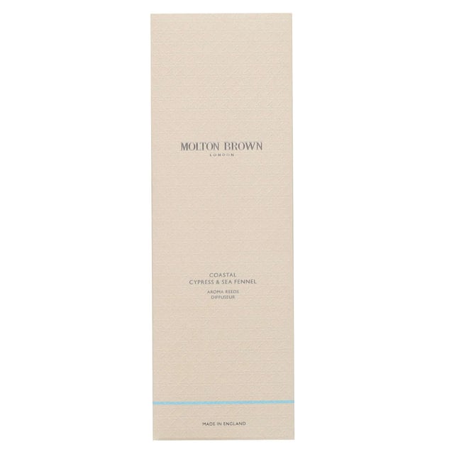Molton Brown Coastal Cypress & Sea Fennel Aroma Reeds Diffuser - 150ml Transform your space with the Molton Brown Coastal Cypress & Sea Fennel Aroma Reeds Diffuser. Launched in 2017, this exquisite fragrance features top notes of fig leaves, cardamom, and bergamot, complemented by middle notes of jasmine, violet leaf, and marine elements. The base notes of salted cypress, cedarwood, and musk create a rich, inviting scent that evokes the essence of the ocean. Simply allow the reeds to absorb the fragrant oil and place them in a central location to fill your room with this refreshing aroma. Experience luxury with Molton Brown, a cruelty-free brand.