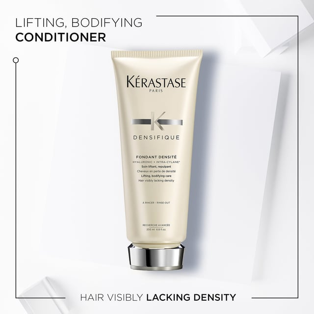 Revitalize your hair with Kérastase Densifique Fondant Densité, a luxurious lightweight conditioner that enhances texture, substance, and resilience. This silky formula detangles and replenishes, providing an immediate bodifying effect for hair that feels light and fluid. Apply a quarter-size amount to wet, shampooed hair, focusing on mid-lengths and ends. Leave on for 2-3 minutes before rinsing thoroughly. Kérastase is dedicated to sustainability, using recycled materials and achieving carbon neutrality in production. Experience the perfect blend of care and innovation.