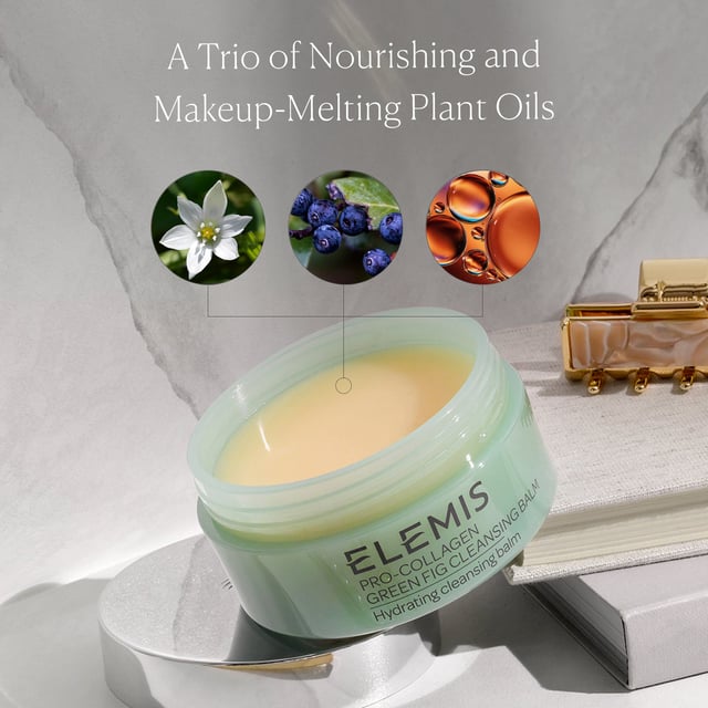 Experience the ELEMIS Pro-Collagen Green Fig Super Cleansing Balm, a 100g indulgence for your skin. This limited-edition balm features a unique Green Fig aroma and transforms through three textures: a nourishing balm, luxurious oil, and hydrating milk. Infused with Fig, Raspberry, and Bergamot scents, it embodies a Mediterranean summer evening. Perfect for daily cleansing or as a weekly mask, crafted with sustainably sourced ingredients to care for your skin and the planet.