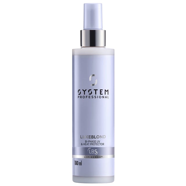 Discover the ultimate care for your blonde hair with System Professional LuxeBlond Bi-Phase UV & Heat Protector. This advanced leave-in conditioning spray not only protects against UV and heat damage up to 220°C but also reduces breakage by up to 99%. Enriched with LipidCode Complex, it enhances the resilience of your hair fibers, making them more manageable and easy to style. Ideal for women seeking to maintain vibrant, healthy blonde locks, this 180ml spray is a must-have in your hair care routine.