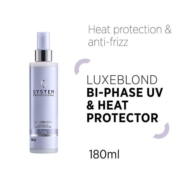 Discover the ultimate care for your blonde hair with System Professional LuxeBlond Bi-Phase UV & Heat Protector. This advanced leave-in conditioning spray not only protects against UV and heat damage up to 220°C but also reduces breakage by up to 99%. Enriched with LipidCode Complex, it enhances the resilience of your hair fibers, making them more manageable and easy to style. Ideal for women seeking to maintain vibrant, healthy blonde locks, this 180ml spray is a must-have in your hair care routine.