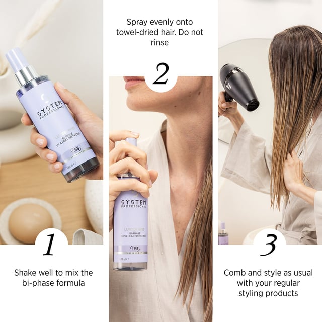 Discover the ultimate care for your blonde hair with System Professional LuxeBlond Bi-Phase UV & Heat Protector. This advanced leave-in conditioning spray not only protects against UV and heat damage up to 220°C but also reduces breakage by up to 99%. Enriched with LipidCode Complex, it enhances the resilience of your hair fibers, making them more manageable and easy to style. Ideal for women seeking to maintain vibrant, healthy blonde locks, this 180ml spray is a must-have in your hair care routine.
