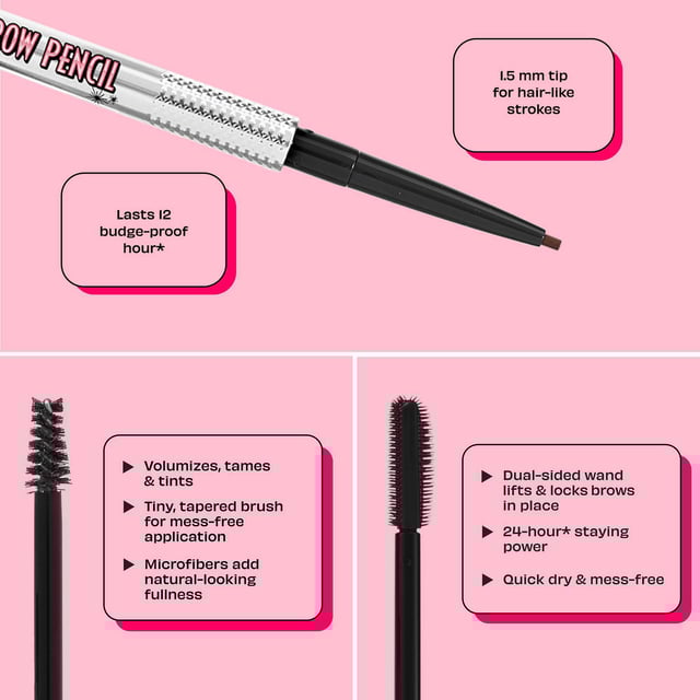 Discover the legendary Benefit Brow Haul of Fame Set, featuring the ultimate essentials for perfect brows. This exclusive collection includes a full-size Precisely, My Brow Pencil in Shade 3 Warm Light Brown, along with mini versions of Gimme Brow+ and the 24-HR Brow Setter. These products work in harmony to define, volumize, and set your brows for an impressive 24 hours. Elevate your brow game with this must-have set that promises to deliver iconic results. Perfect for women who want to achieve flawless brows effortlessly.