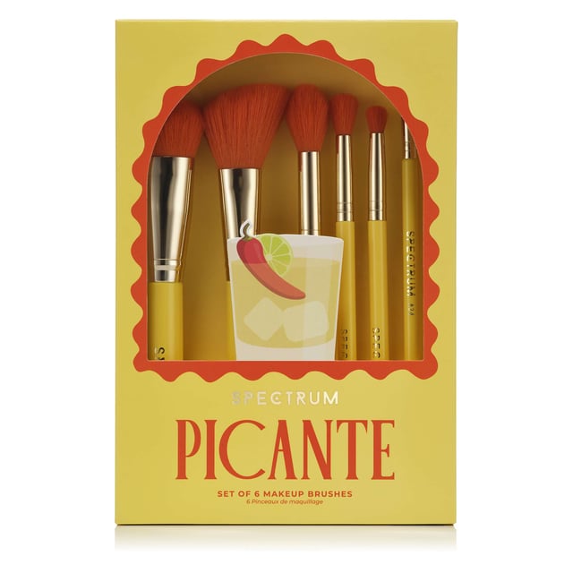 Elevate your makeup routine with the Spectrum Picante 6 Piece Brush Set, inspired by vibrant cocktails. This essential collection features brushes for face, eyes, and brows. Achieve a flawless finish with the B13 foundation brush and sculpt cheeks with the A05 cheek brush. Brighten under eyes with the versatile B08 brush, blend eyeshadow with the B06 blending brush, and define your crease with the A12 fluffy pencil. Groom brows to perfection with the A24 brow styler. Perfect for women who love colorful beauty tools.