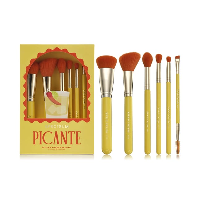 Elevate your makeup routine with the Spectrum Picante 6 Piece Brush Set, inspired by vibrant cocktails. This essential collection features brushes for face, eyes, and brows. Achieve a flawless finish with the B13 foundation brush and sculpt cheeks with the A05 cheek brush. Brighten under eyes with the versatile B08 brush, blend eyeshadow with the B06 blending brush, and define your crease with the A12 fluffy pencil. Groom brows to perfection with the A24 brow styler. Perfect for women who love colorful beauty tools.