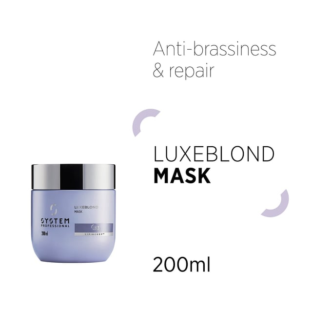 Transform your blonde hair with the System Professional LuxeBlond Hair Mask, expertly designed to reduce breakage by up to 99%. This regenerating formula not only strengthens your hair from within but also instantly neutralizes unwanted brassy and yellow tones, achieving the perfect cool blonde look. Infused with LipidCode Complex and violet pigments, it revitalizes and nourishes your blonde strands, enhancing their natural beauty. Suitable for women, this 200ml hair mask is a must-have for anyone seeking luxurious, healthy blonde hair.