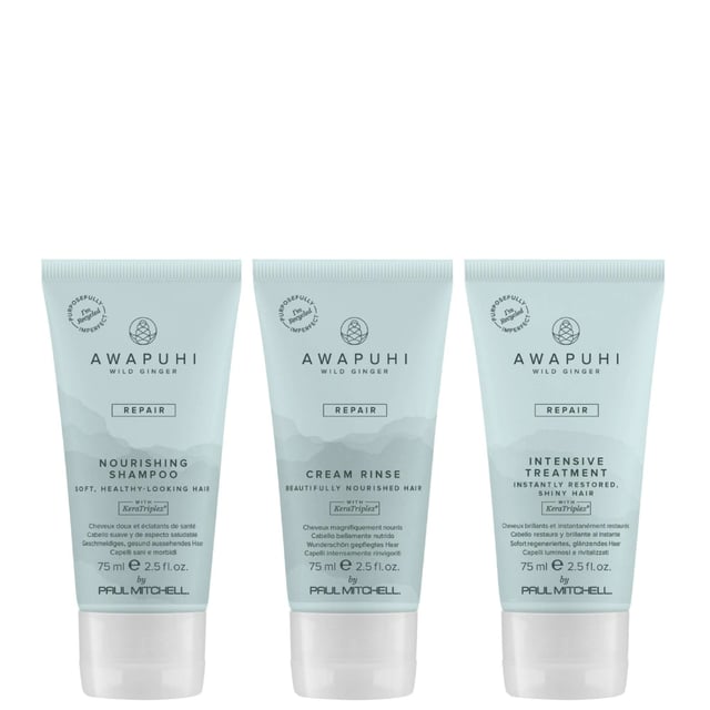 Paul Mitchell Awapuhi Wild Ginger Nourishing Travel Kit for Women290 grams Discover the Paul Mitchell Awapuhi Wild Ginger Nourishing Travel Kit, perfect for maintaining healthy, vibrant hair while traveling. This luxurious set includes a 75ml Awapuhi Wild Ginger Nourishing Shampoo, a 75ml Cream Rinse, and a 75ml Intensive Treatment. Each product is formulated with KeraTriplex®, a blend of keratin proteins that repairs and rejuvenates all hair types, especially color-treated and chemically processed hair. Enjoy the moisturizing benefits of natural awapuhi extract for enhanced manageability and shine, ideal for women seeking travel-friendly hair care.