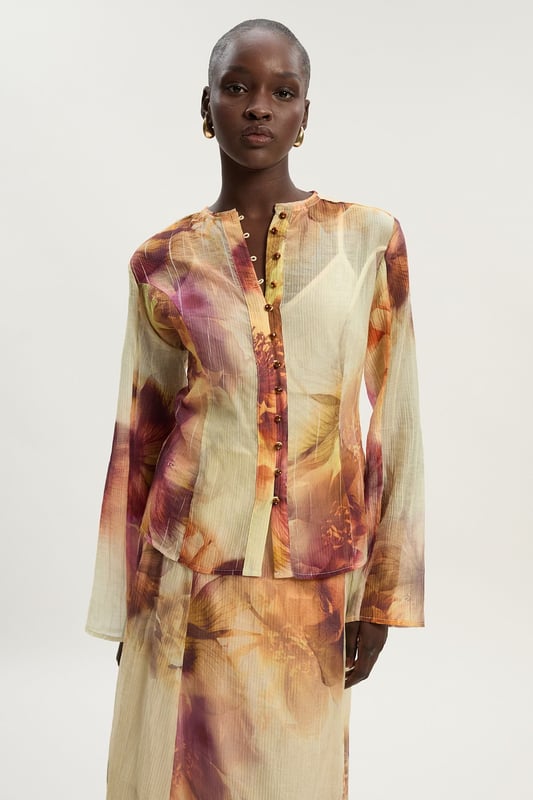 Floral Print Crinkle Georgette Button Detail Woven Blouse