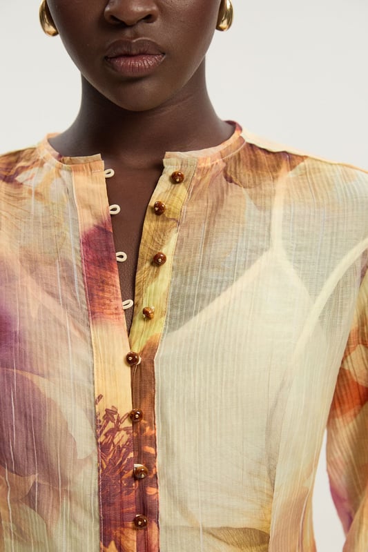 Floral Print Crinkle Georgette Button Detail Woven Blouse