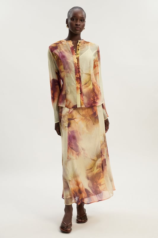 Floral Print Crinkle Georgette Button Detail Woven Blouse