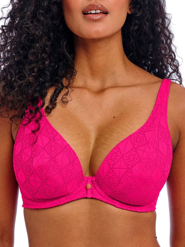 Freya Nomad Nights High Apex Bikini Top. Plunge bikini top with crochet overlay and adjustable straps. This product is recommended as hand wash only.