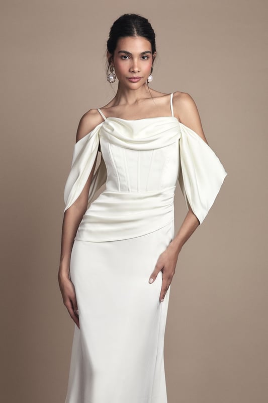 Cowl Neck Corset Drape Satin Maxi Wedding Dress