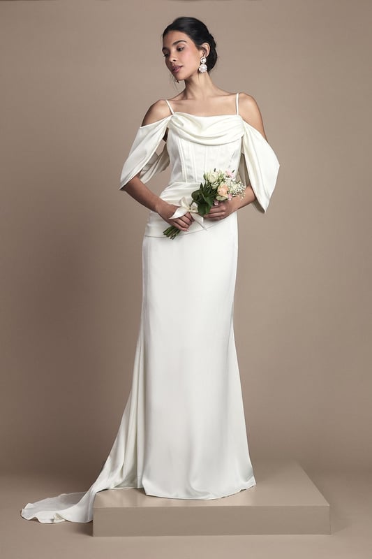 Cowl Neck Corset Drape Satin Maxi Wedding Dress