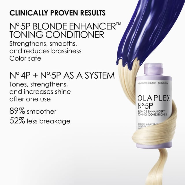 Revitalize your blonde, lightened, or grey hair with the Olaplex No 5P Blonde Enhancer Toning Conditioner. This moisturizing formula neutralizes brassiness and enhances brightness, leaving your hair manageable and radiant. Infused with OLAPLEX's patented Bond Building Technology, it strengthens fragile hair bonds while providing hydration and shine without weighing your hair down. For optimal results, use after the Olaplex No 4P Blonde Enhancer Toning Shampoo and leave on for up to 3 minutes for intense toning. This conditioner ensures a gentle touch on your scalp.