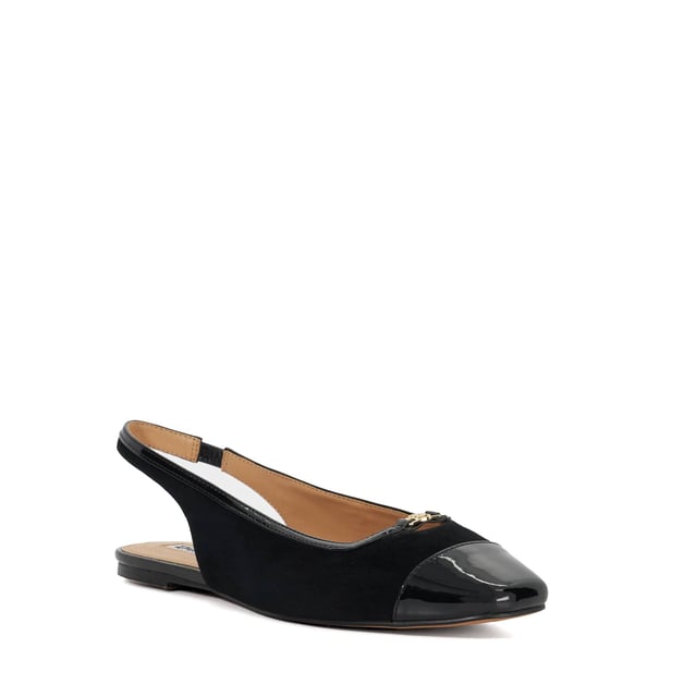 This chic sling back version of a ballet profile has been updated with a trim that connects our double D logo in gold hardware on the front. Designed with an elasticated back strap, this round cap toe silhouette is the epitome of timeless elegance.
