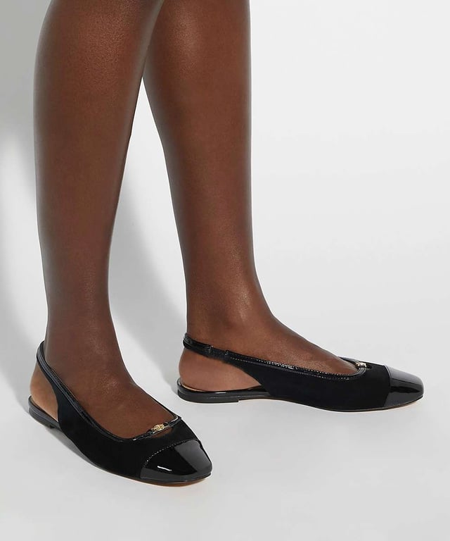 This chic sling back version of a ballet profile has been updated with a trim that connects our double D logo in gold hardware on the front. Designed with an elasticated back strap, this round cap toe silhouette is the epitome of timeless elegance.