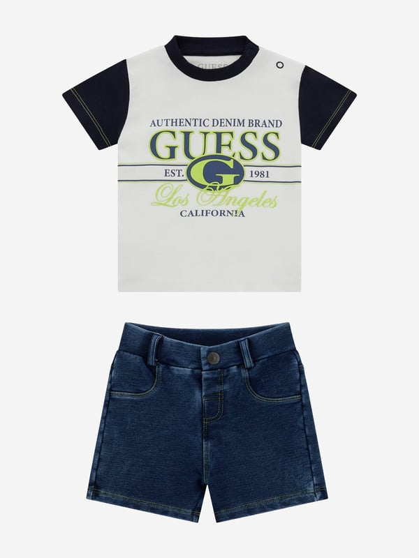 Baby Boys Denim Short Set in White Introducing the Baby Boys Denim Short Set in White by Guess, an impeccable blend of sophistication comfort for your little one's SS2025 wardrobe. Delicately crafted for Baby, Baby Boy, Boy, this set ensures a graceful poise unmatched style. Key features include Pristine White Denim Radiates elegance and summer freshness. Premium Fabric Soft, lightweight denim for comfort flexibility. Versatile Style Perfect for casual outings or special occasions. Elevate your childs fashion ensemble with this chic and charming set. Order now!