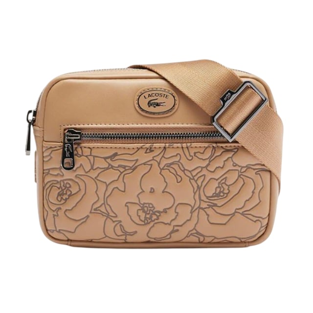 Marke: Lacoste. Länge: 18 cm. Höhe: 13,5 cm. Tiefe: 4 cm. Taschenart: 1 Vordertasche, Reißverschluss. Fächer: 1 Hauptfach, Mit Reißverschluss. Taschenmerkmale: verstellbarer Schulterriemen. Design: Geprägt, Floral, Logo.