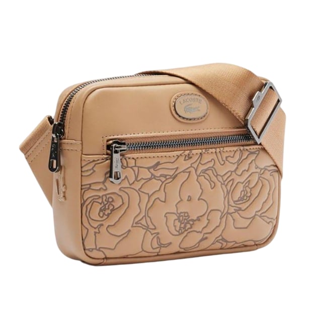 Marke: Lacoste. Länge: 18 cm. Höhe: 13,5 cm. Tiefe: 4 cm. Taschenart: 1 Vordertasche, Reißverschluss. Fächer: 1 Hauptfach, Mit Reißverschluss. Taschenmerkmale: verstellbarer Schulterriemen. Design: Geprägt, Floral, Logo.