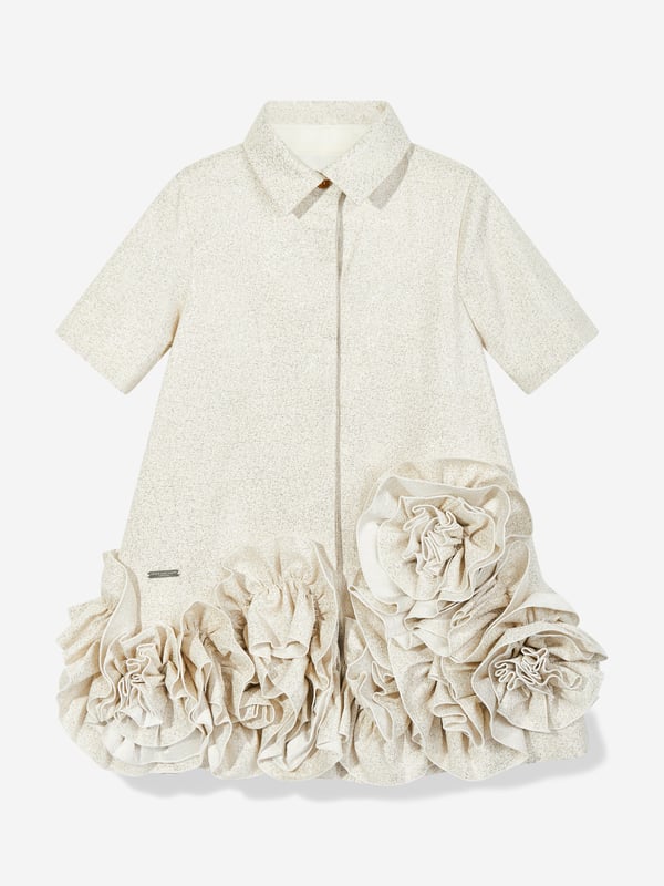 Jessie and James embody timeless elegance and modern charm. This girls dream on frilly flower dress is reflective of the label's distinctive care and craftsmanship. It has exaggerated ruffles at the bottom hem with a classic shirt collar. Radiates an opulent, shimmering finish. Excusive to Childsplay Short Sleeves 59 Polyester, 28 Polyamide, 13 Metallic Fibre