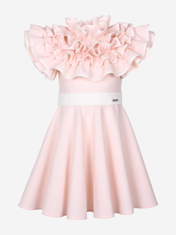 Jessie and James embody timeless elegance and modern charm. This girls pink dotty dress is reflective of the label's distinctive care and craftsmanship. Has luxurious ruffled detailing with a high neck and delicate flared hem. It is signified by a contrasting white belt with a branded silver plate to finish. Made in France Concealed Zip Fastening Short Sleeves Outer Cotton 74, Polyester 26 Lining Cotton 100