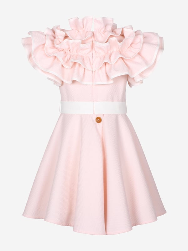Jessie and James embody timeless elegance and modern charm. This girls pink dotty dress is reflective of the label's distinctive care and craftsmanship. Has luxurious ruffled detailing with a high neck and delicate flared hem. It is signified by a contrasting white belt with a branded silver plate to finish. Made in France Concealed Zip Fastening Short Sleeves Outer Cotton 74, Polyester 26 Lining Cotton 100