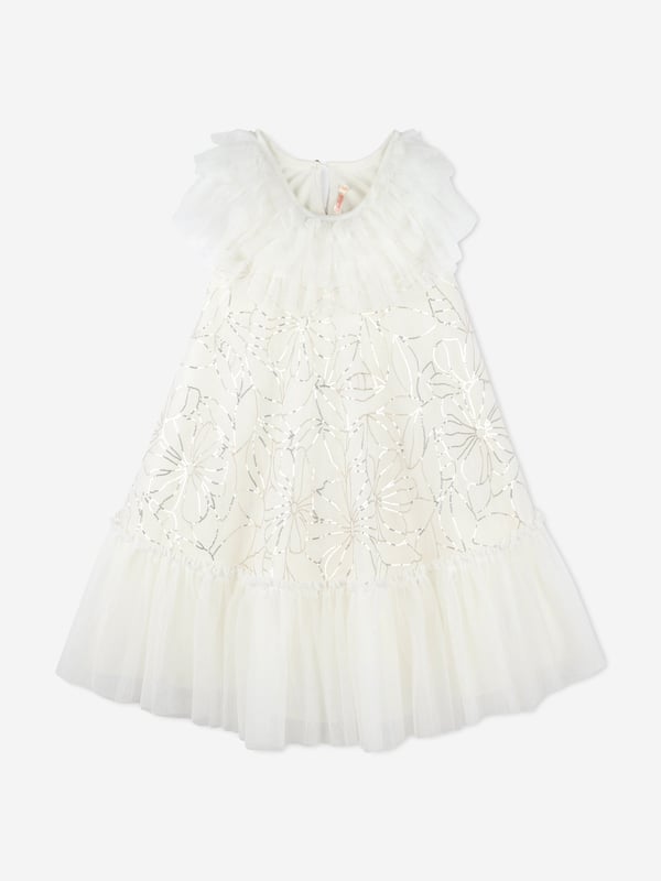 Billieblush apply a mischievous and quirky sensibility to their aesthetic portraits. This girls ivory dress encapsulates the label's fun and eccentric personality. Square Neckline Layers of Tulle Floral Gold Sequin Pattern Ruffled Tulle Neckline and Hem Soft Viscose Fastens At Back With Keyhole Button 100 Polyester Lining 97 Viscose, 3 Elastane Machine Wash 30C