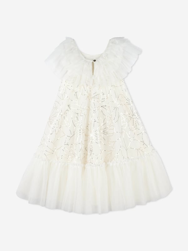 Billieblush apply a mischievous and quirky sensibility to their aesthetic portraits. This girls ivory dress encapsulates the label's fun and eccentric personality. Square Neckline Layers of Tulle Floral Gold Sequin Pattern Ruffled Tulle Neckline and Hem Soft Viscose Fastens At Back With Keyhole Button 100 Polyester Lining 97 Viscose, 3 Elastane Machine Wash 30C