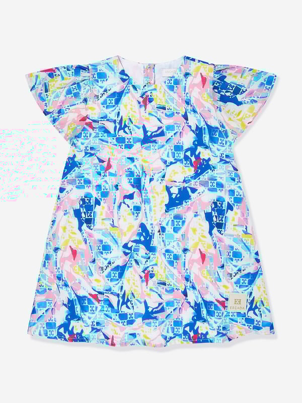 German heritage luxury label Escada embody modern innovation with timeless elegance. This girls tropical breeze dress is a captivating construction. Woven in intense, multicoloured, geometric blue print reminiscent of the sea. With delicate Escada motifs and the signature embroidered badge, she will be obsessed. Round Neck Straight Hem 100 Cotton