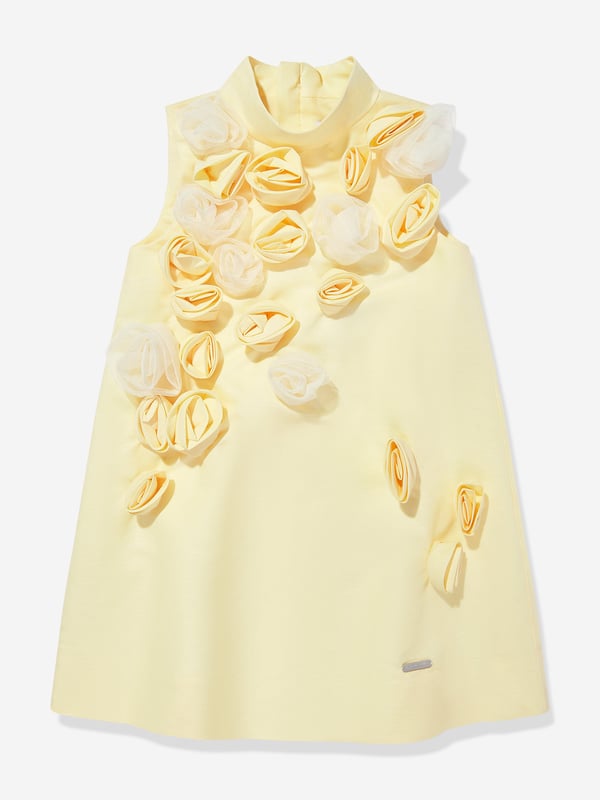 Jessie and James incorporate passion and timeless elegance into their beautiful aesthetics. This girls Ring A Roses yellow dress is reflective of the label's intricate craftsmanship and precision of beauty. It features delicate ruffles on the bodice and skirt. There is a white waistband and an elegant floral appliqué on one side. Signified by a distinctive logo plaque by extra designer charm. Excusive to Childsplay Sleeveless A-Line Fabric 100