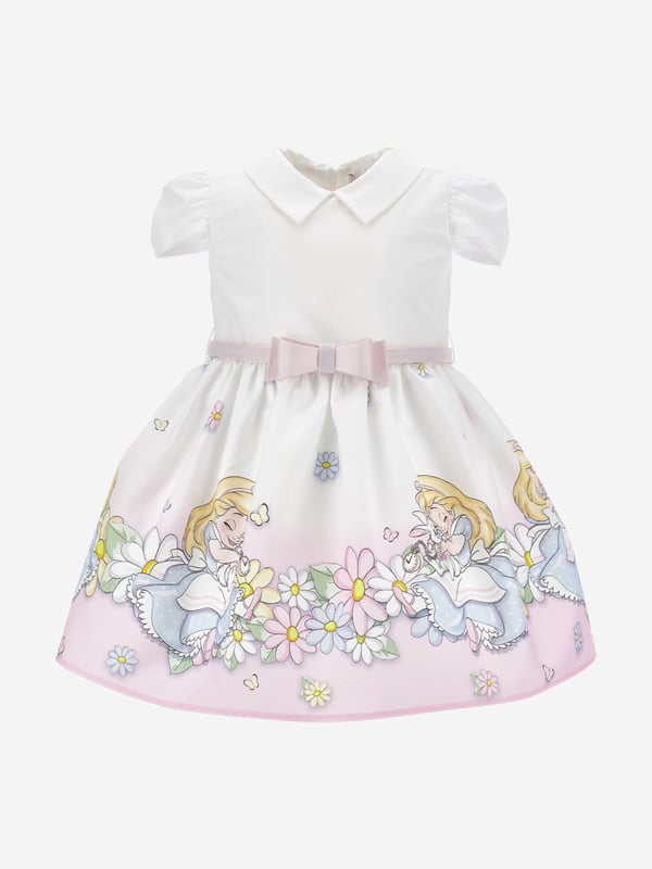 Baby Girls Alice In Wonderland Dress in White Monnalisa depict enchanting imagery into their beautifully crafted aesthetics. This baby girls dress is engineered from luxurious cotton poplin. Inspired by Disney's Alice in Wonderland imagery. Features tulip sleeves, a gathered waist with an adjustable grosgrain belt, and elegant flared skirt. Made in Italy Muslin and Tulle Lining Pointed Collar Zip On Back Disney x Monnalisa Main Fabric 100 Cotton Main Lining 100 Cotton
