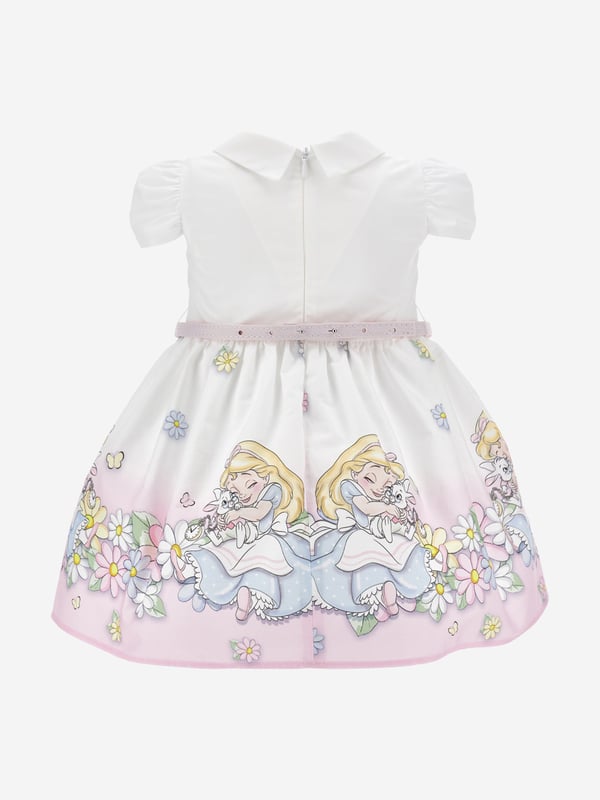 Baby Girls Alice In Wonderland Dress in White Monnalisa depict enchanting imagery into their beautifully crafted aesthetics. This baby girls dress is engineered from luxurious cotton poplin. Inspired by Disney's Alice in Wonderland imagery. Features tulip sleeves, a gathered waist with an adjustable grosgrain belt, and elegant flared skirt. Made in Italy Muslin and Tulle Lining Pointed Collar Zip On Back Disney x Monnalisa Main Fabric 100 Cotton Main Lining 100 Cotton