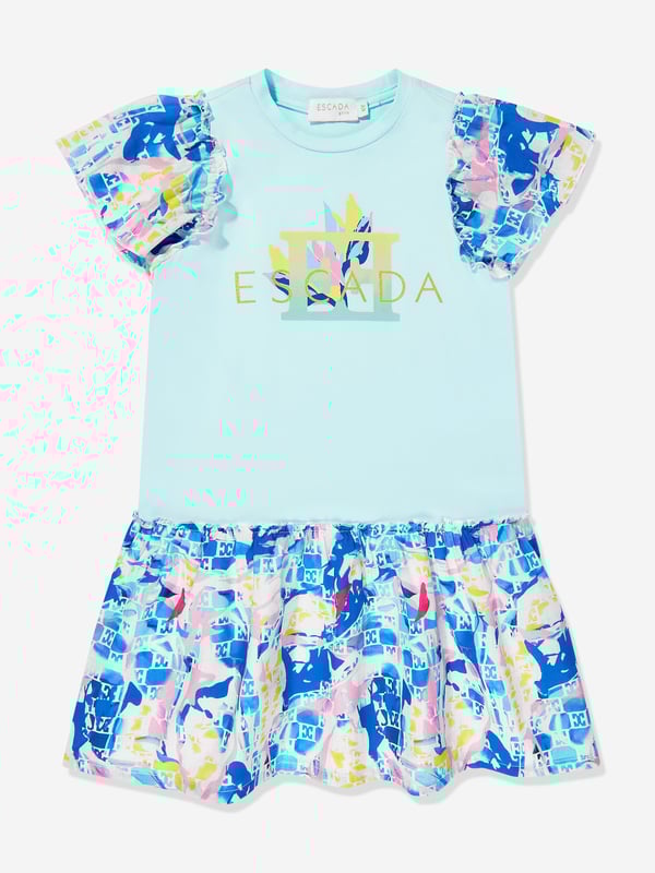 Escada incorporate high standards of elegance and unbeatable glamour into their aesthetics. This girls quiet tide dress is engineered with an intense, multicoloured, geometric blue print reminiscent of the sea. It sports a cotton jersey base and striking brand motif. Round Neck Short Sleeves 95 Cotton, 5 Elastane
