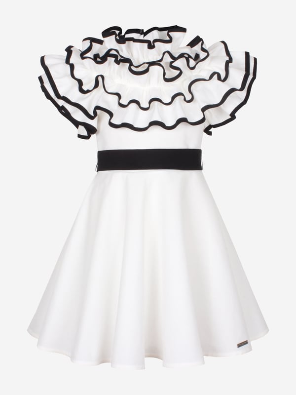 Jessie and James deliver a regal blend of elegance and comfort. This girls off-white occasion dress is reflective of the label's distinctive care and craftsmanship. Woven in a blend of cotton and hemp for a classic linen feel, it features layers of ruffles which create an elegant high neckline. It is signified by a contrasting black belt with a branded silver plate to finish. Lined in Lightweight Cotton Back Zip and Button Fastening 55 Cotton 45 Hemp
