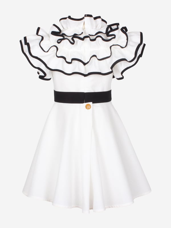 Jessie and James deliver a regal blend of elegance and comfort. This girls off-white occasion dress is reflective of the label's distinctive care and craftsmanship. Woven in a blend of cotton and hemp for a classic linen feel, it features layers of ruffles which create an elegant high neckline. It is signified by a contrasting black belt with a branded silver plate to finish. Lined in Lightweight Cotton Back Zip and Button Fastening 55 Cotton 45 Hemp