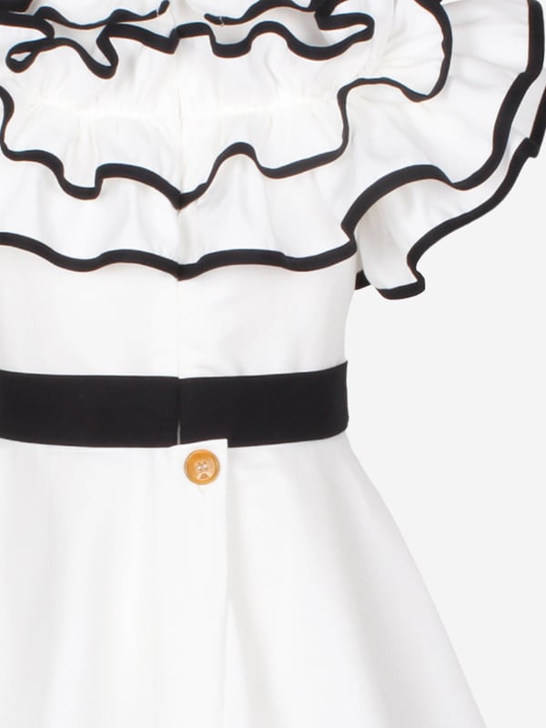 Jessie and James deliver a regal blend of elegance and comfort. This girls off-white occasion dress is reflective of the label's distinctive care and craftsmanship. Woven in a blend of cotton and hemp for a classic linen feel, it features layers of ruffles which create an elegant high neckline. It is signified by a contrasting black belt with a branded silver plate to finish. Lined in Lightweight Cotton Back Zip and Button Fastening 55 Cotton 45 Hemp