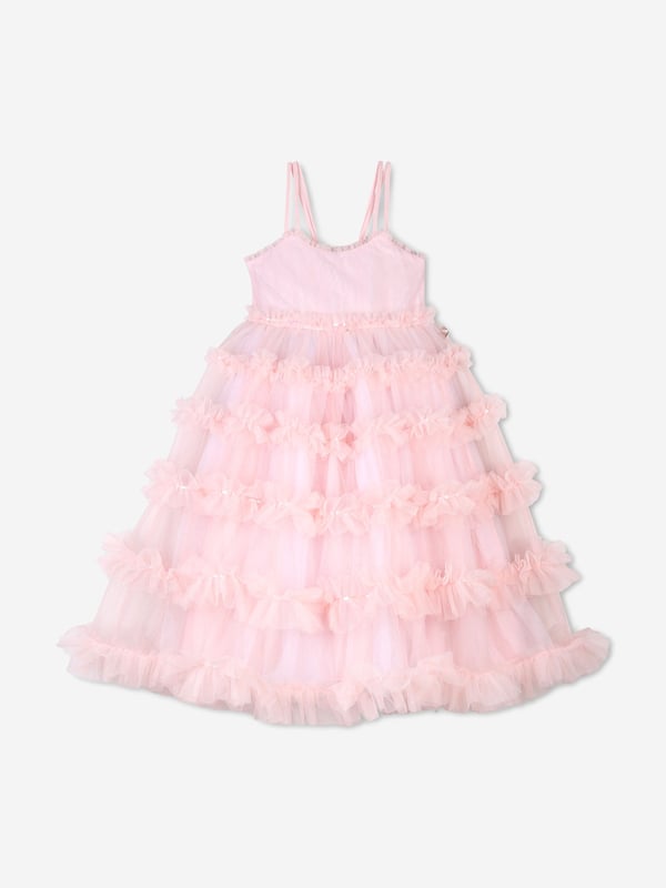 Girls Sequin Tulle Dress in Pink Billieblush apply a mischievous and quirky sensibility to their aesthetic portraits. This girls pale pink dress encapsulates the label's fun and eccentric personality. Soft Tulle Viscose Lining Tiered Ruffles Sequin Trims Shoulder Straps Smocked Back 100 Polyester Lining 100 Viscose Machine Wash 30C