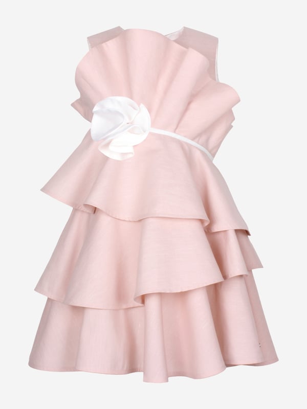Jessie and James incorporate passion and timeless elegance into their beautiful aesthetics. This girls soft pink Ebony occasion dress is reflective of the label's intricate craftsmanship and precision of beauty. Features delicate ruffles on the bodice and skirt. There is a white waistband to provide definition, with an elegant floral appliqué on one side. Round Neck Layered Effect Sleeveless 55 Cotton 45 Hemp
