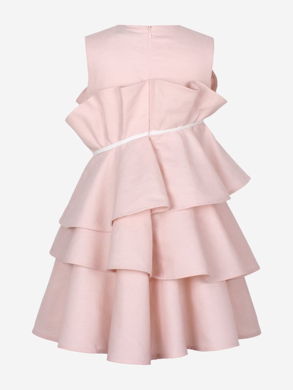 Jessie and James incorporate passion and timeless elegance into their beautiful aesthetics. This girls soft pink Ebony occasion dress is reflective of the label's intricate craftsmanship and precision of beauty. Features delicate ruffles on the bodice and skirt. There is a white waistband to provide definition, with an elegant floral appliqué on one side. Round Neck Layered Effect Sleeveless 55 Cotton 45 Hemp